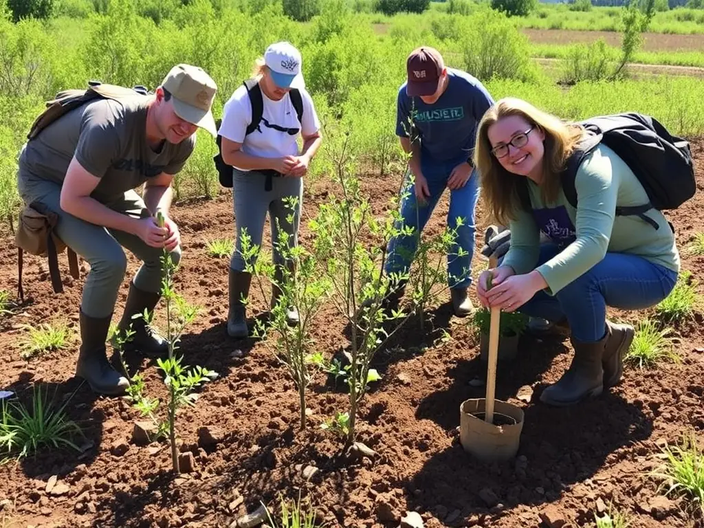 A photograph showing volunteers planting native trees and shrubs as part of a habitat restoration project organized by SOCIETE DE CHASSE DE SAINT-PARDOUX-LE-VIEUX.