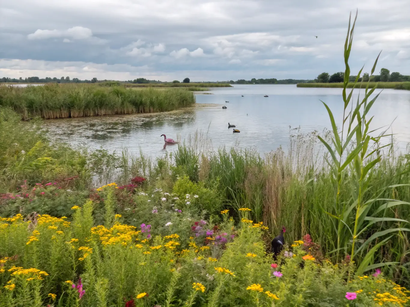 A serene landscape featuring a newly constructed bird nesting box in a protected wetland area, showcasing habitat protection efforts by SOCIETE DE CHASSE DE SAINT-PARDOUX-LE-VIEUX.