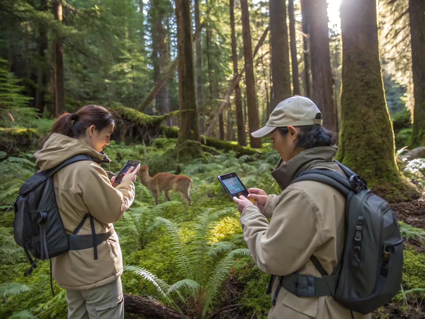 A photograph of a team monitoring wildlife populations using GPS collars and camera traps in a forest.
