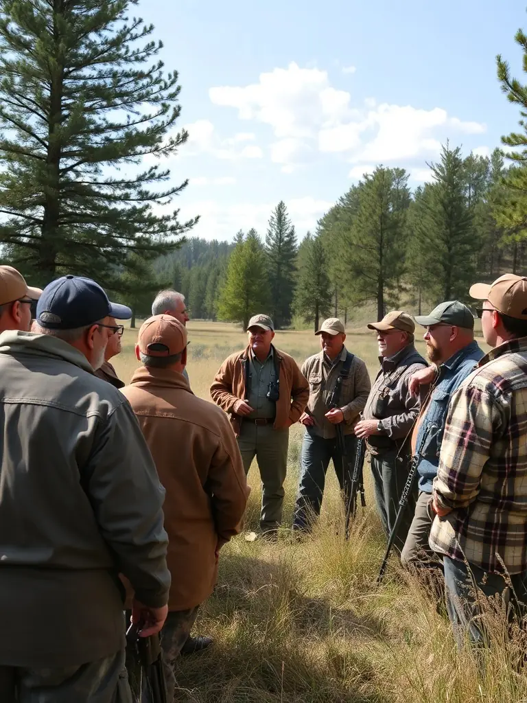 An image showing a wildlife expert leading a workshop on sustainable hunting practices for members of SOCIETE DE CHASSE DE SAINT-PARDOUX-LE-VIEUX, emphasizing responsible wildlife management.