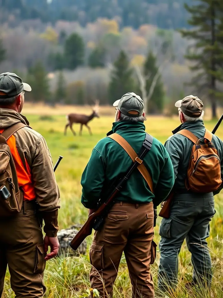 A photograph of hunters participating in a regulated hunting activity, adhering to strict safety protocols and ethical hunting practices in a designated hunting area.