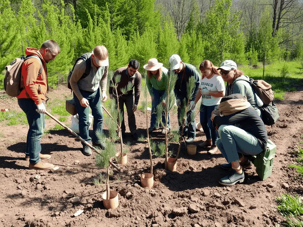 A visual representation of a community event where volunteers are planting native trees to support local wildlife, emphasizing community involvement.