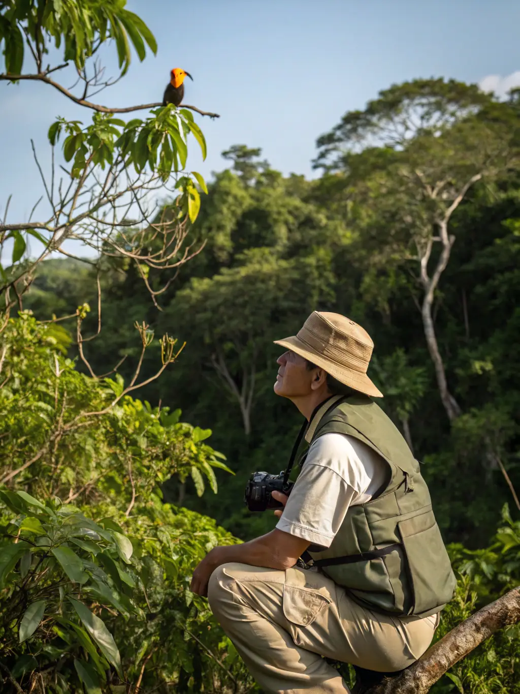 A photograph of a wildlife biologist monitoring a breeding program for a local game species, carefully documenting the health and population size of the animals.
