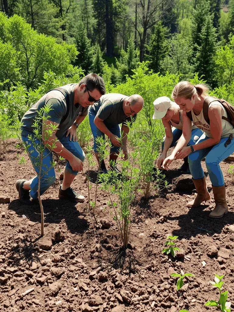 A photograph showcasing members of SOCIETE DE CHASSE DE SAINT-PARDOUX-LE-VIEUX participating in a habitat restoration project, planting native trees and shrubs to improve wildlife habitats.