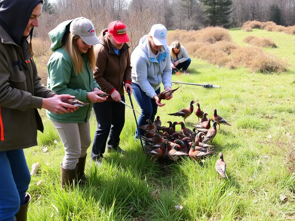 A photograph of a wildlife expert carefully releasing a young pheasant into a managed game reserve, illustrating the breeding and restocking program.