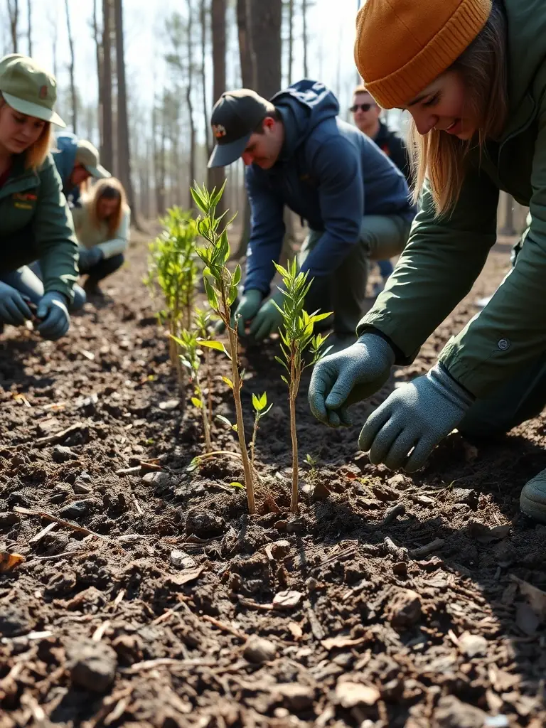 A photograph depicting volunteers planting trees as part of a habitat restoration project organized by SOCIETE DE CHASSE DE SAINT-PARDOUX-LE-VIEUX, showcasing community involvement in environmental conservation.