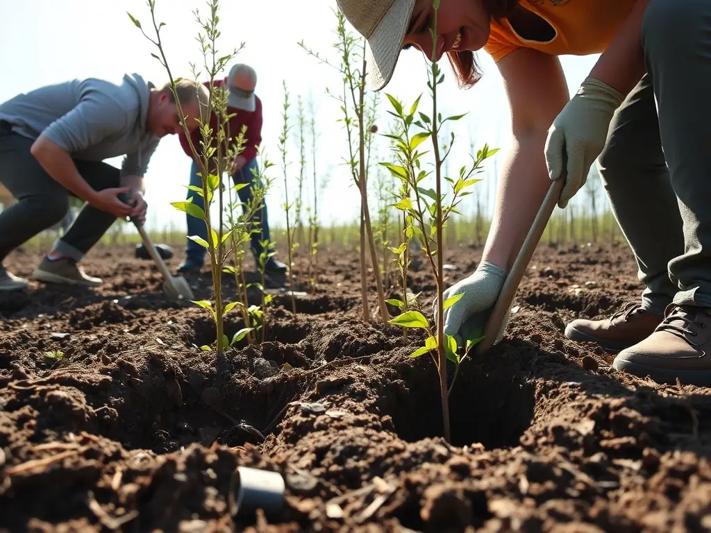 A photograph depicting a group of volunteers planting native trees in a deforested area, illustrating habitat restoration efforts.
