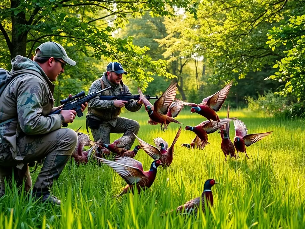 A photograph depicting members of SOCIETE DE CHASSE DE SAINT-PARDOUX-LE-VIEUX releasing pheasants into a protected habitat, showcasing their breeding and restocking efforts.