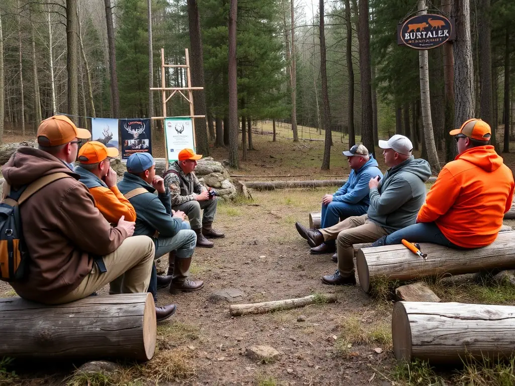 An image showing a wildlife expert conducting a workshop on sustainable hunting practices for local hunters.